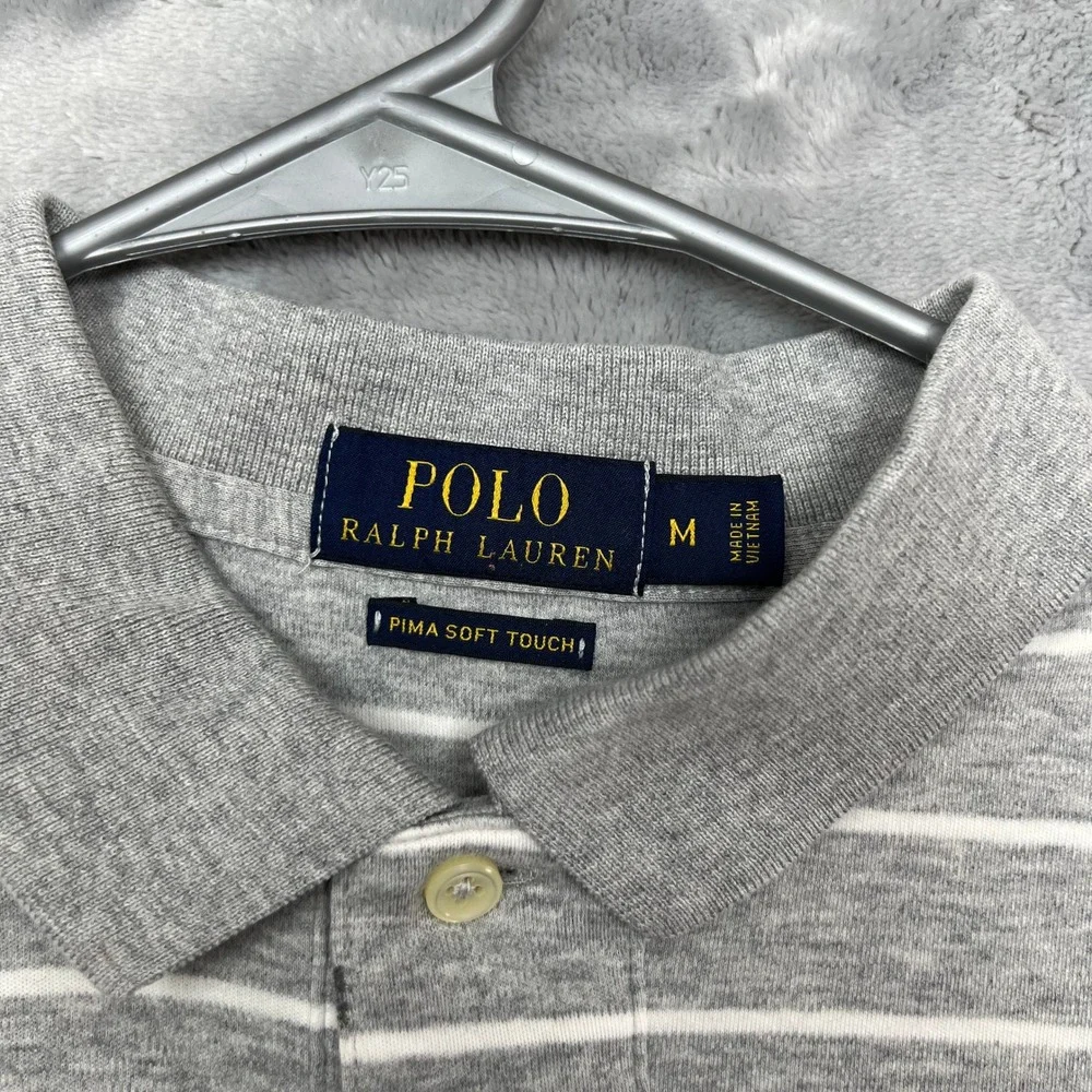 Polo Ralph Lauren Polo Shirt Mens M Grey White Striped Pima Soft Touch Logo